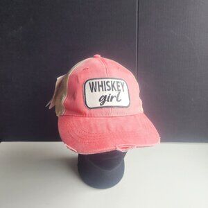 Wild Oates "Whiskey Girl" Distressed Trucker Hat Women's Pink Mesh Snapback Cap